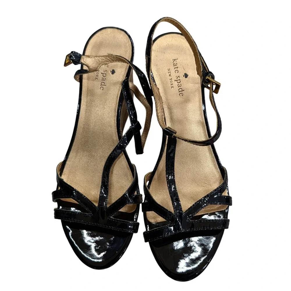 Kate Spade Theodora Black Patent Leather Cork Wedge‎ T-Strap Sandals- Size 10